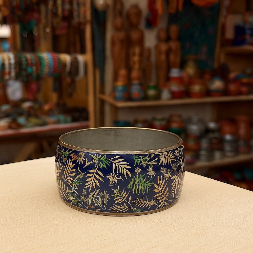 Vintage Brass-Core Cloisonné or Enamel-over-Metal Bangle Bamboo Leaf Pattern